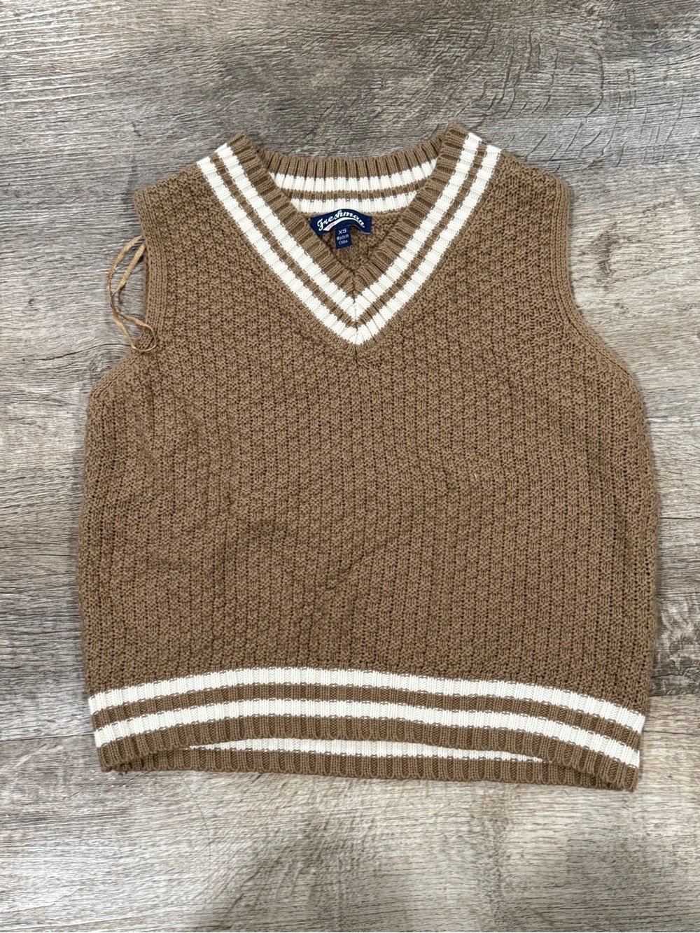 Women’s Tan V-Neck Knit Sweater Vest with White Stripe